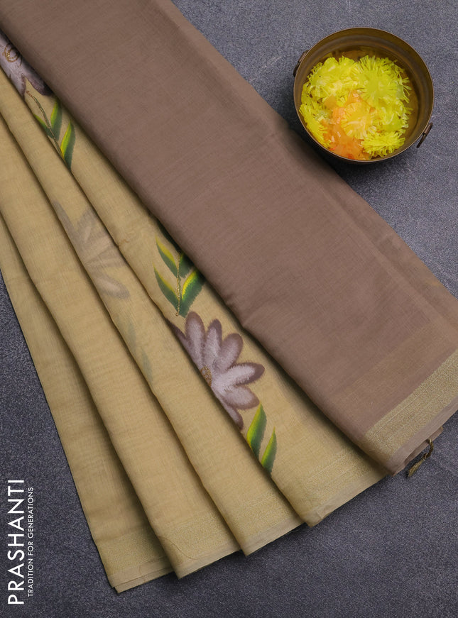 Linen cotton saree sandal and beige with floral hand paint prints and zari woven border