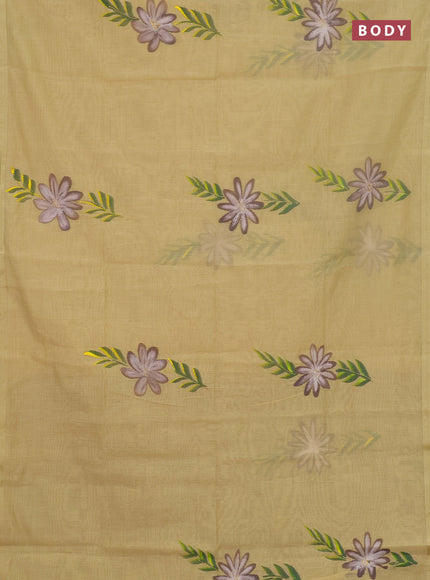 Linen cotton saree sandal and beige with floral hand paint prints and zari woven border