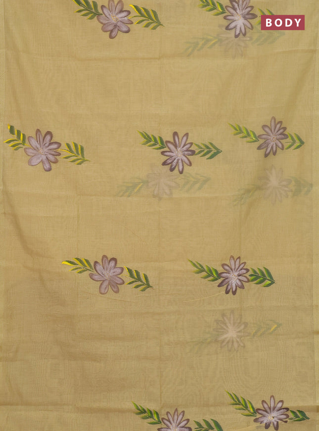 Linen cotton saree sandal and beige with floral hand paint prints and zari woven border
