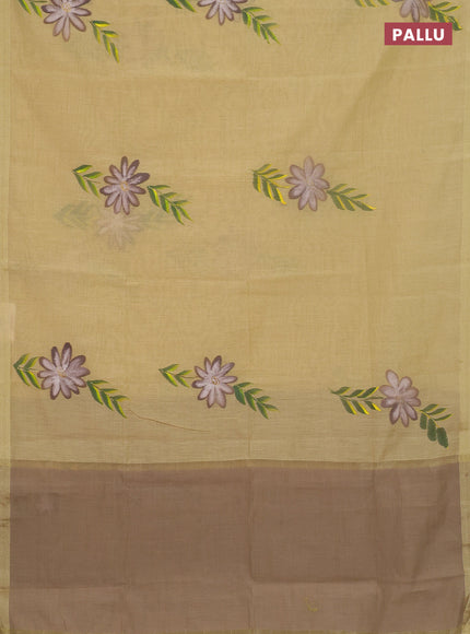 Linen cotton saree sandal and beige with floral hand paint prints and zari woven border