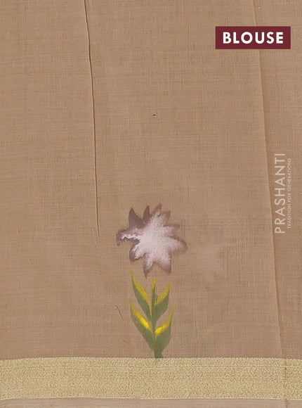 Linen cotton saree sandal and beige with floral hand paint prints and zari woven border