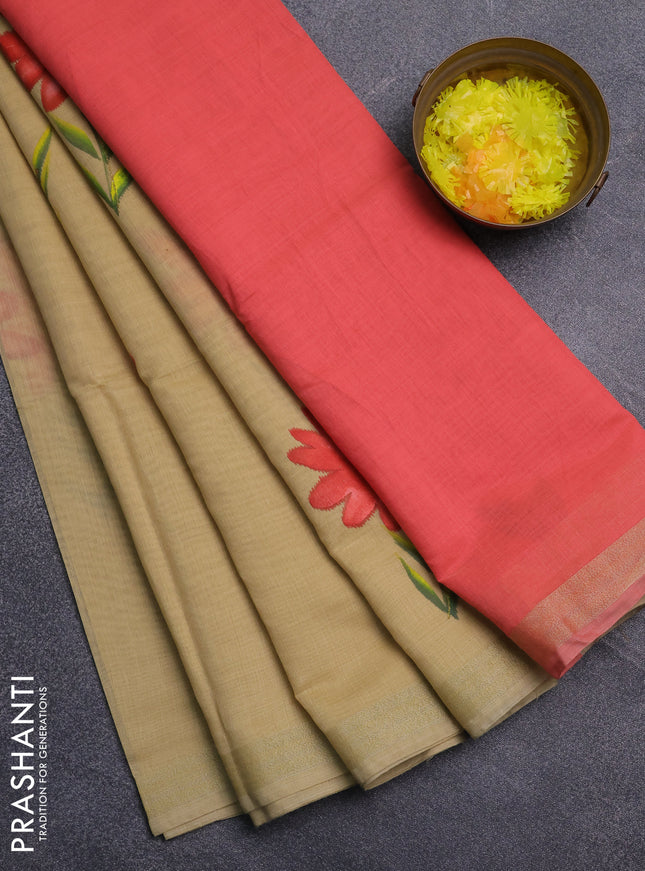 Linen cotton saree sandal and peach shade with floral hand paint prints and zari woven border