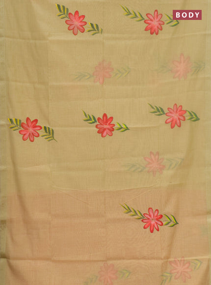 Linen cotton saree sandal and peach shade with floral hand paint prints and zari woven border