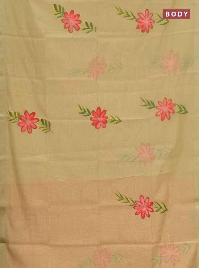 Linen cotton saree sandal and peach shade with floral hand paint prints and zari woven border