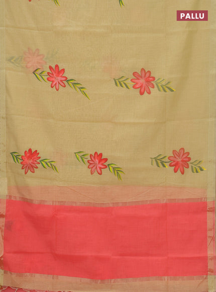 Linen cotton saree sandal and peach shade with floral hand paint prints and zari woven border