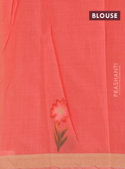 Linen cotton saree sandal and peach shade with floral hand paint prints and zari woven border