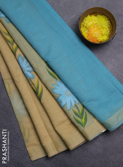 Linen cotton saree sandal and cs blue with floral hand paint prints and zari woven border