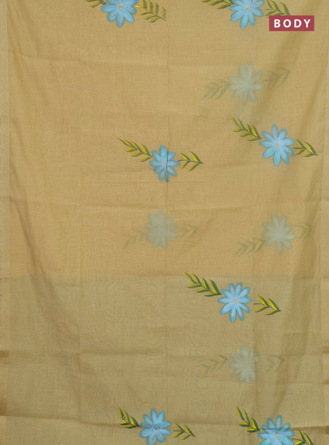 Linen cotton saree sandal and cs blue with floral hand paint prints and zari woven border