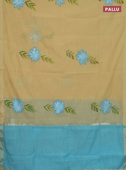 Linen cotton saree sandal and cs blue with floral hand paint prints and zari woven border