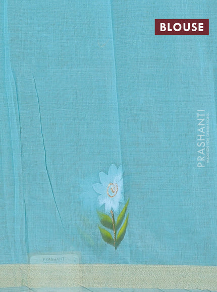 Linen cotton saree sandal and cs blue with floral hand paint prints and zari woven border