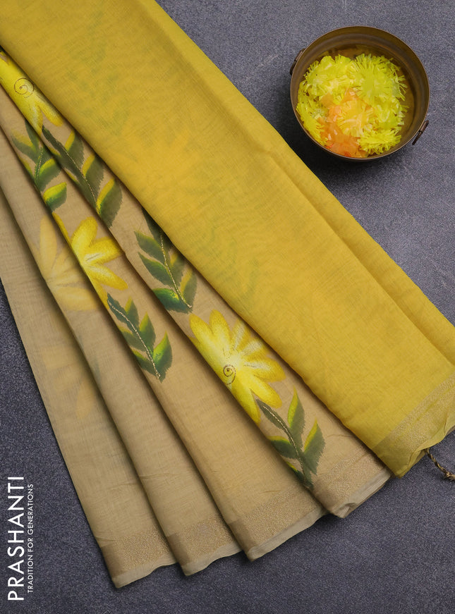 Linen cotton saree sandal and yellow with floral hand paint prints and zari woven border