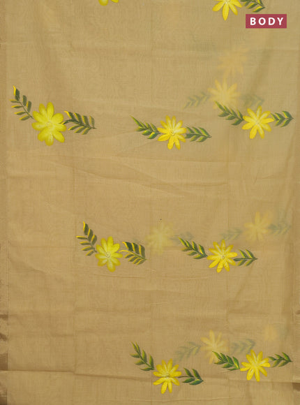 Linen cotton saree sandal and yellow with floral hand paint prints and zari woven border