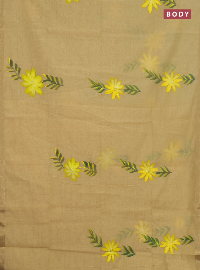 Linen cotton saree sandal and yellow with floral hand paint prints and zari woven border