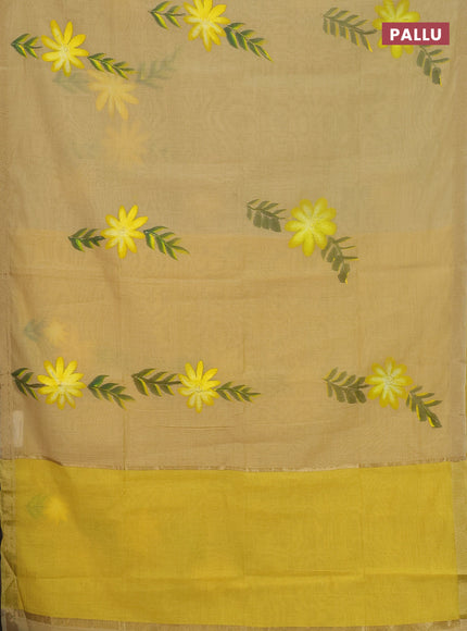Linen cotton saree sandal and yellow with floral hand paint prints and zari woven border