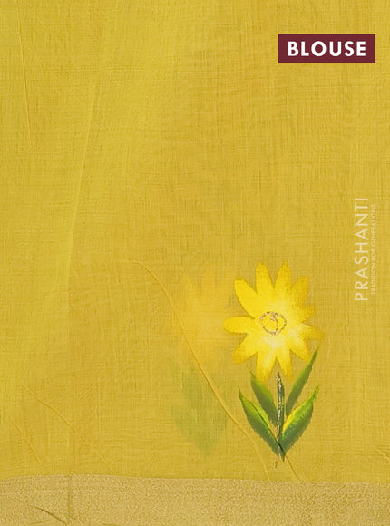 Linen cotton saree sandal and yellow with floral hand paint prints and zari woven border