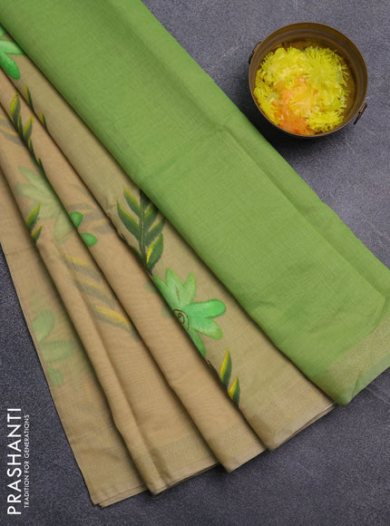 Linen cotton saree sandal and light green with floral hand paint prints and zari woven border