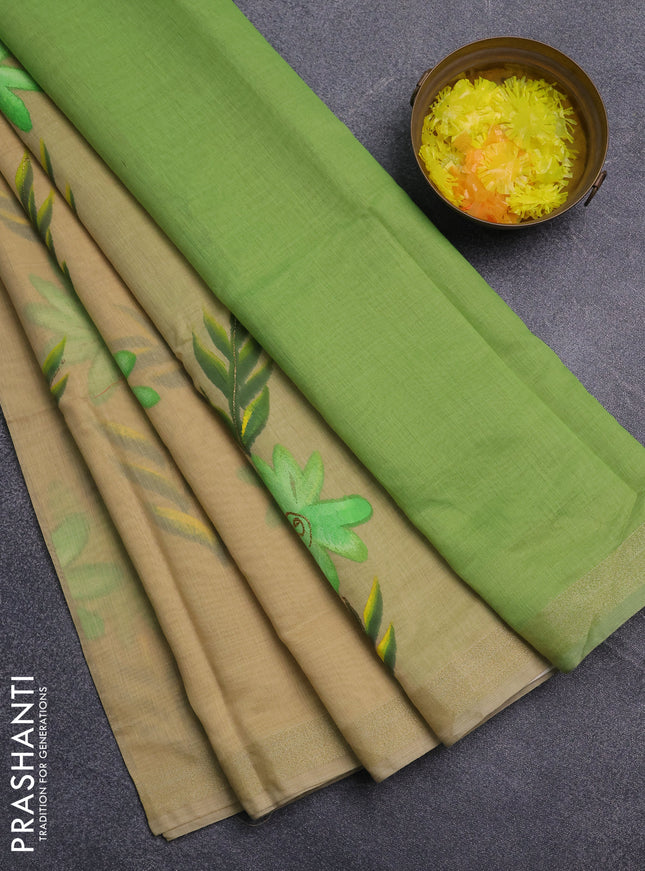 Linen cotton saree sandal and light green with floral hand paint prints and zari woven border