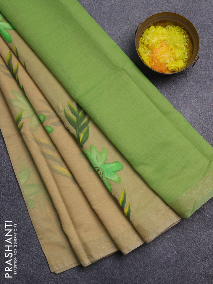 Linen cotton saree sandal and light green with floral hand paint prints and zari woven border
