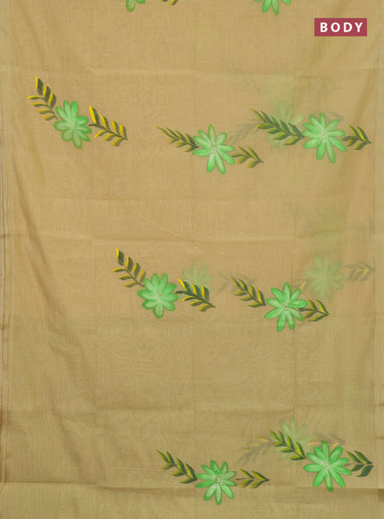 Linen cotton saree sandal and light green with floral hand paint prints and zari woven border