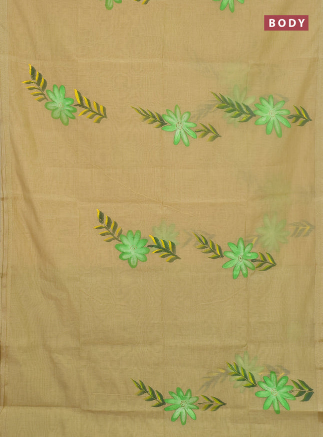 Linen cotton saree sandal and light green with floral hand paint prints and zari woven border