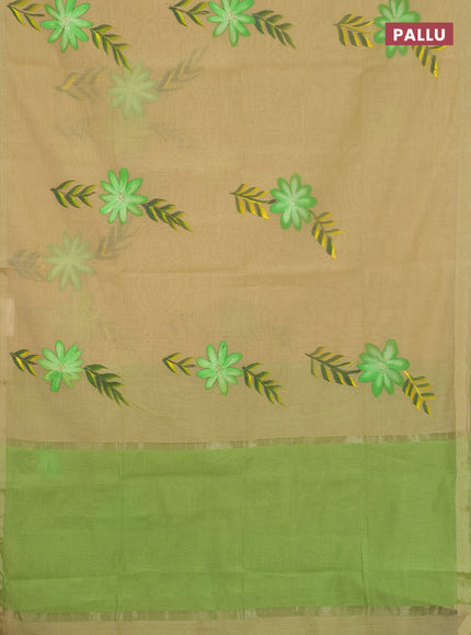 Linen cotton saree sandal and light green with floral hand paint prints and zari woven border