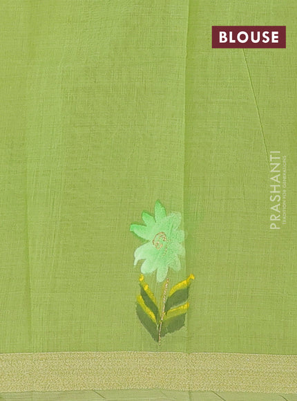 Linen cotton saree sandal and light green with floral hand paint prints and zari woven border