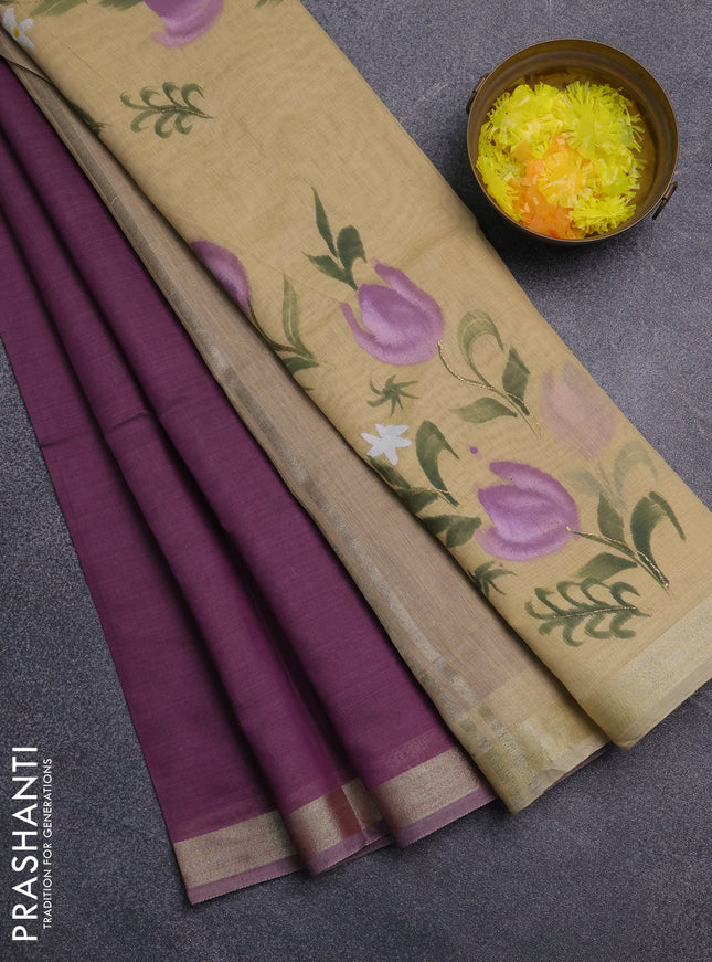 Linen cotton saree sandal and purple with plain body and floral hand paint pallu