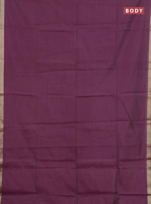 Linen cotton saree sandal and purple with plain body and floral hand paint pallu