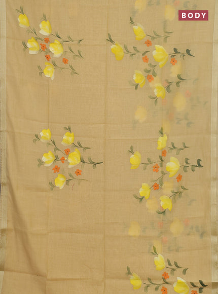 Linen cotton saree sandal and yellow with floral hand paint prints and zari woven border