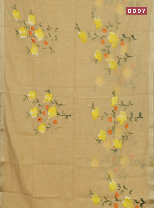 Linen cotton saree sandal and yellow with floral hand paint prints and zari woven border