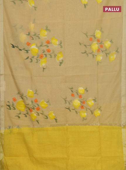 Linen cotton saree sandal and yellow with floral hand paint prints and zari woven border