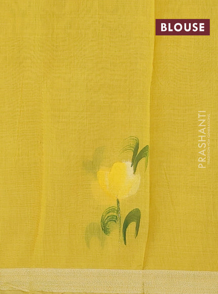 Linen cotton saree sandal and yellow with floral hand paint prints and zari woven border
