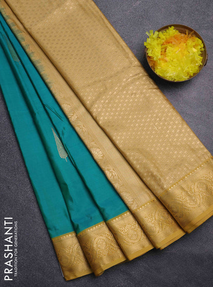 Bangalori silk saree teal green and sandal with zari woven buttas and zari woven border