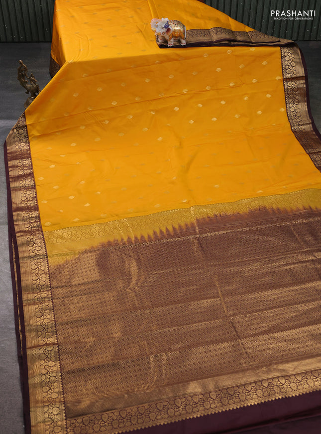 Bangalori silk saree yellow and coffee brown with allover zari woven buttas and zari woven border