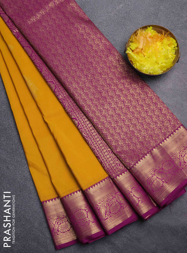 Bangalori silk saree yellow and purple with zari woven buttas and zari woven border
