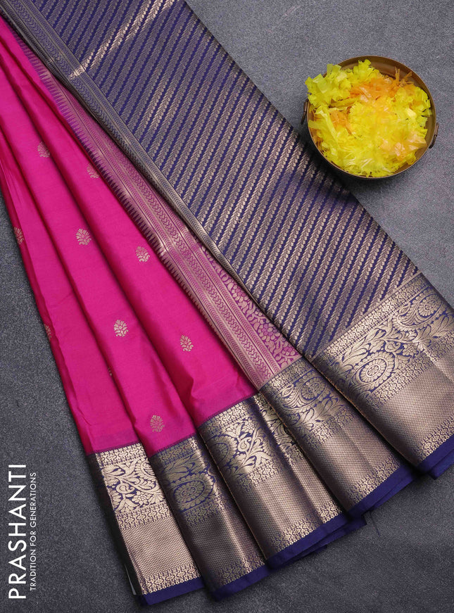 Bangalori silk saree pink and navy blue with allover zari woven buttas and zari woven border