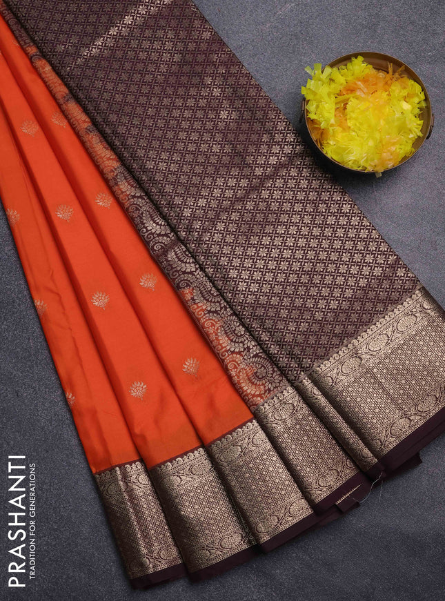 Bangalori silk saree orange and coffee brown with allover zari woven buttas and zari woven border