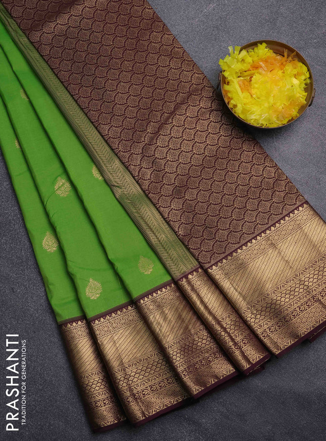Bangalori silk saree green and coffee brown with zari woven buttas and zari woven border
