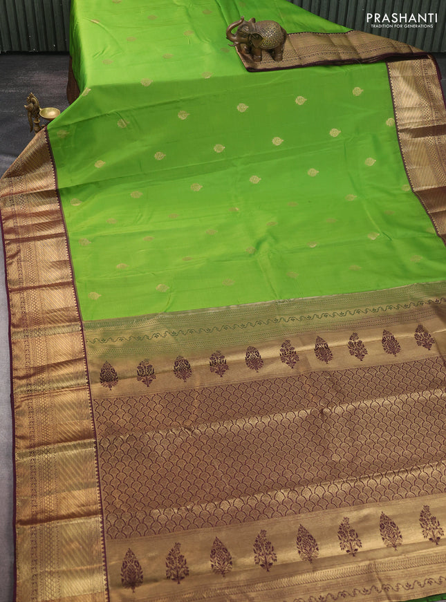 Bangalori silk saree green and coffee brown with zari woven buttas and zari woven border