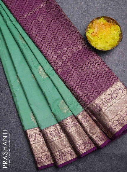 Bangalori silk saree teal green and purple with zari woven buttas and zari woven border