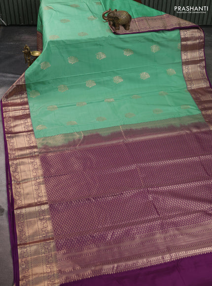 Bangalori silk saree teal green and purple with zari woven buttas and zari woven border