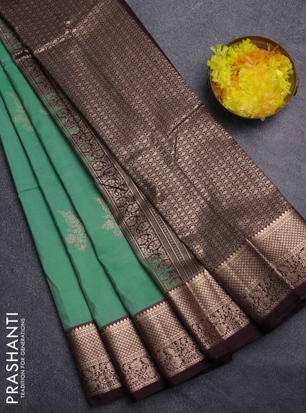 Bangalori silk saree pastel green and coffee brown with zari woven buttas and zari woven border
