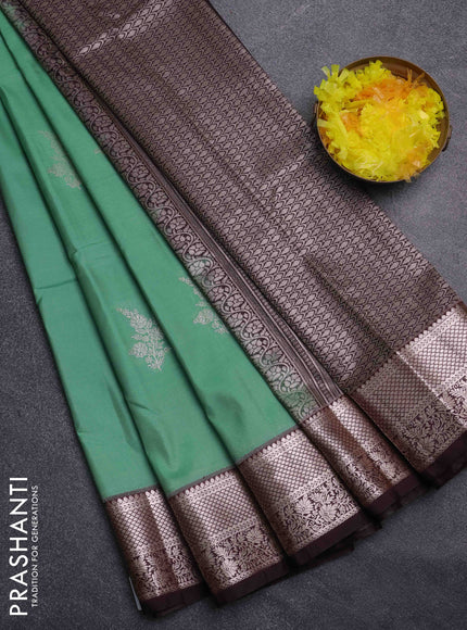 Bangalori silk saree pastel green and coffee brown with zari woven buttas and zari woven border