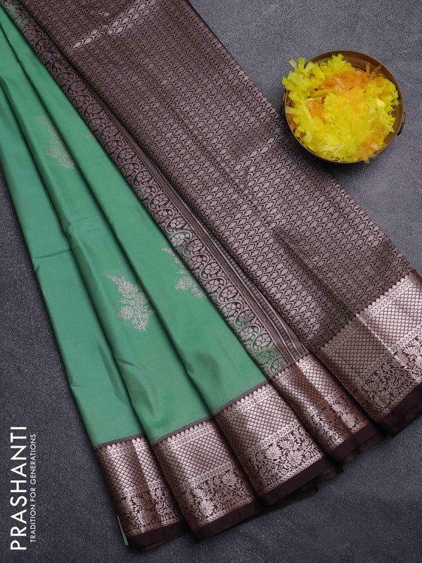 Bangalori silk saree pastel green and coffee brown with zari woven buttas and zari woven border