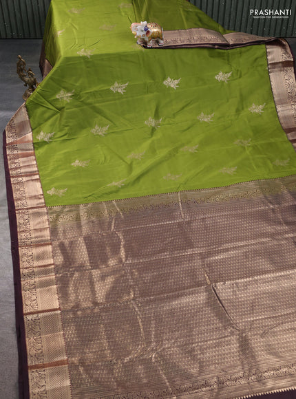 Bangalori silk saree mehendi green and coffee brown with zari woven buttas and zari woven border