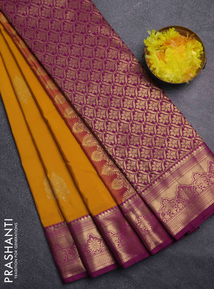 Bangalori silk saree yellow and purple with zari woven buttas and zari woven border