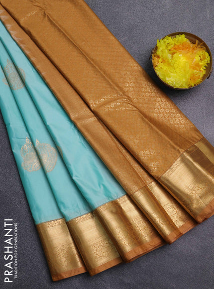 Bangalori silk saree teal blue and sandal with zari woven buttas and zari woven border