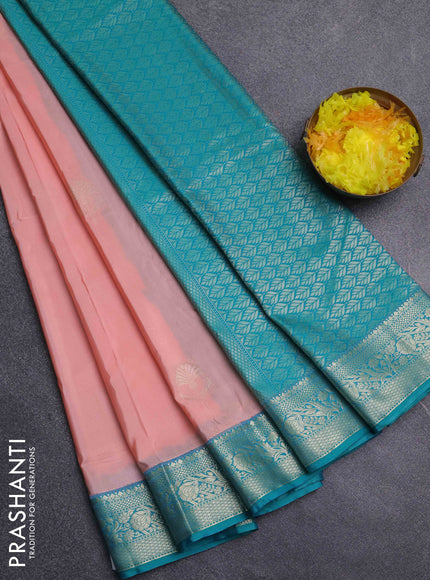Bangalori silk saree mild peach shade and teal blue with zari woven buttas and zari woven border