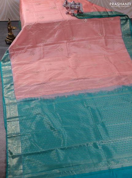 Bangalori silk saree mild peach shade and teal blue with zari woven buttas and zari woven border
