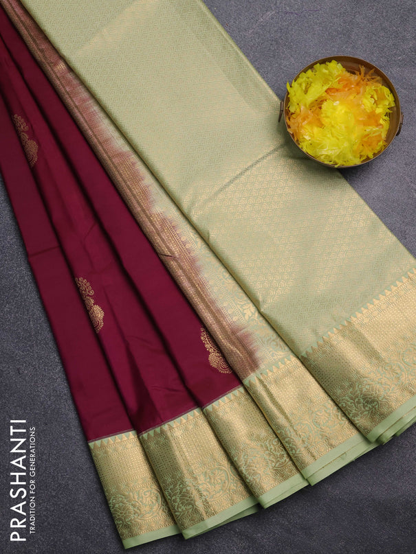 Bangalori silk saree deep maroon and pista green with zari woven buttas and zari woven border